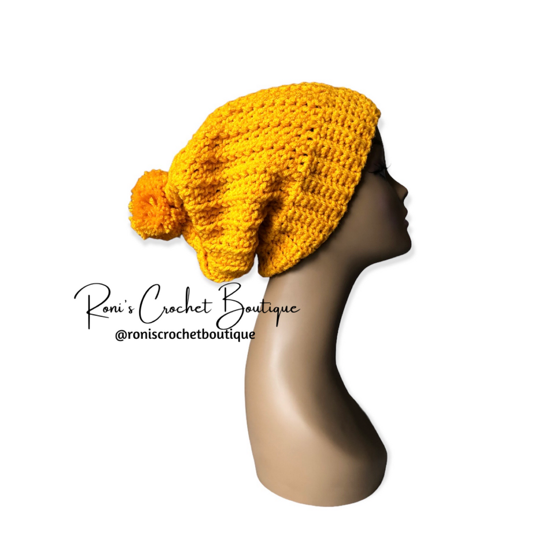 Gold Beanie with Crochet Pom